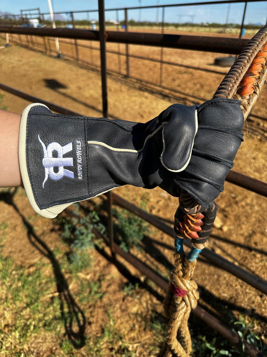 Rowdy Rowels Deerskin Leather Bull Riding Gloves Long Cuff Outseam